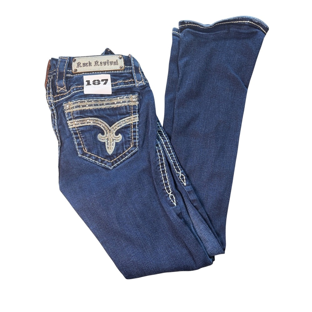 Rock Revival Sherry Bootcut Jean Dark Wash Rhinestone Y2K 27x28 Low Rise McBling